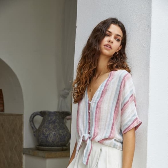 Rails Striped Linen Tie Front Button Down V-Neck Short Sleeve Blouse Top Size XS - Picture 1 of 5